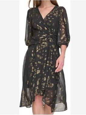 DKNY Black Wrap High-Low Dress with Gold Floral Print
